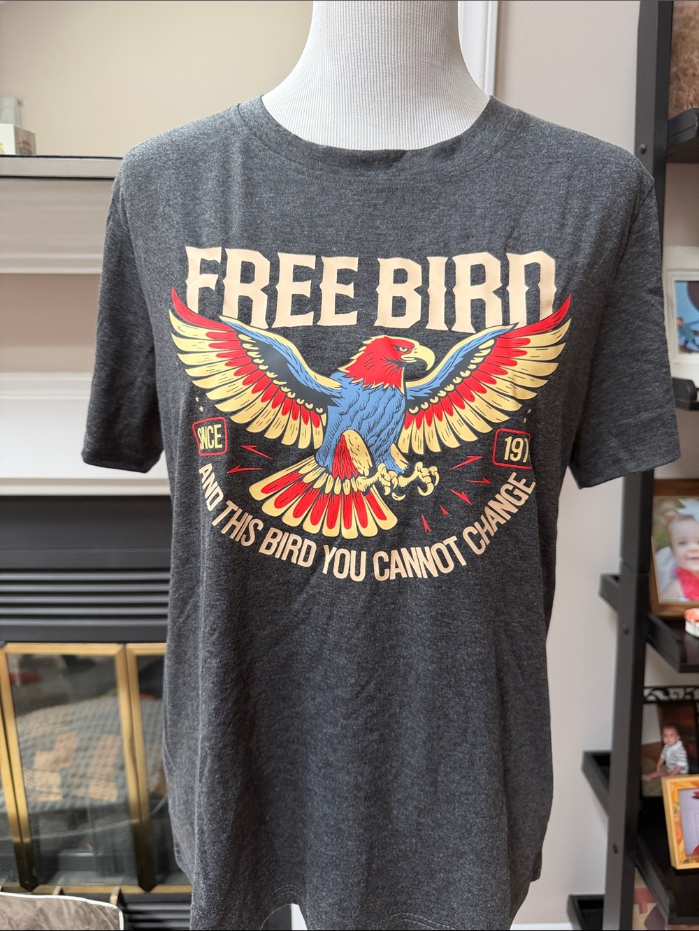 Free Bird Graphic Tee - Gray with Red/Blue/Yellow Eagle
